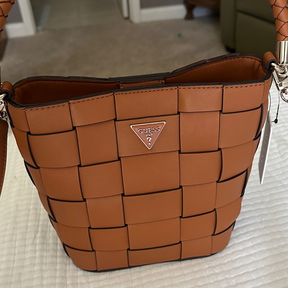 Guess Woven Shoulder Bucket Bag in Tan - Picture 2 of 8